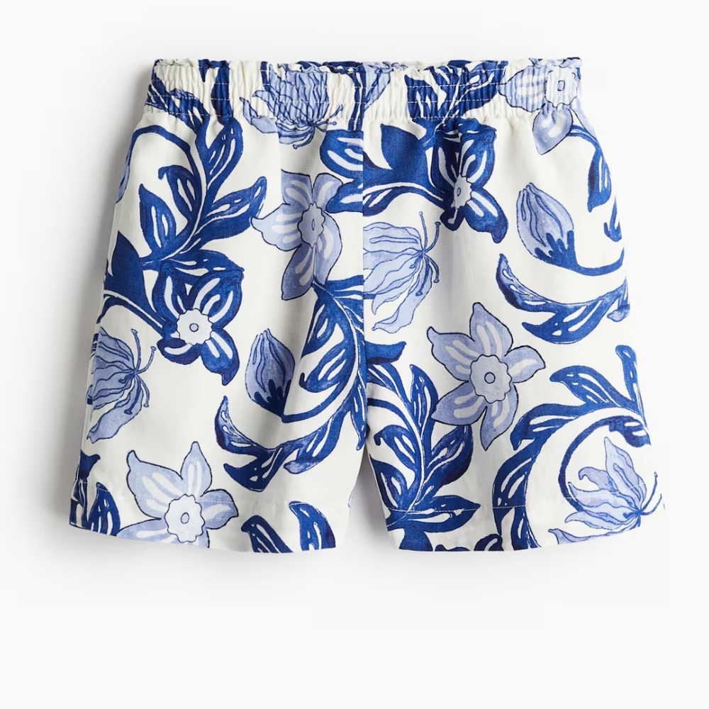 H&M Linen Blend Pull On Shorts Blue and White Floral Size Small
